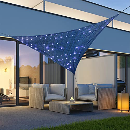 Mojawo Dreiecks Solar Segel Sonnenschutz Sonnensegel Schattenspender Polyester 100 LEDs UV 50+ 3,6x3,6x3,6m Blau