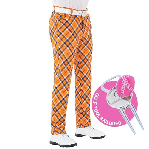 Royal & Awesome Tangerine Tartan Golfhose für Männer, Golfhosen für Männer, Funky Golfhosen, Sich verjüngte Herrengolfhosen