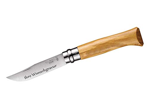 Opinel-Messer, Größe 8, rostfrei, Olivenholz (mit Gravur auf der Klinge, Größe 8)