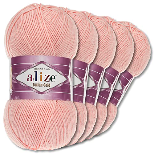 Wohnkult Alize 5 x 100 g Cotton Gold Premium Wolle| 39 Farben Sommerwolle Garn Stricken Amigurumi (393 | Puderrosa)