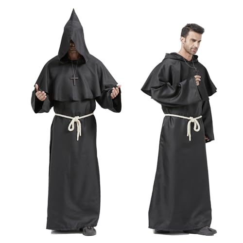 Priester Robe Kostüm Mönch Kostüm Gewand mit Kapuze und Kordel,Mönchskutte Halloween Kostüm Herren für Mittelalterliche Renaissance(Schwarz,XL)