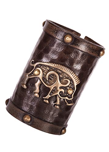 Battle-Merchant Armschützer aus Leder, Keltisches Wildschwein-Motiv