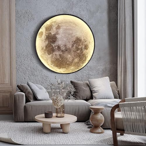 80cm Mond Wandlampe Innen Dimmbar mit Fernbedienung 45W LED Wandleuchte Modern Art Deco lampe Metall und Acryl Wandbeleuchtung Runde Form Ultra dünn Deckenlampe Wohnzimmerlampe groß Mond Deko Lampe