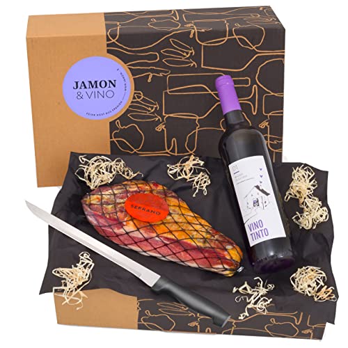 Delikatessen-Präsentkorb "Jamón & Vino" mit Serrano-Schinken & Rotwein aus Spanien - Inklusive Schinkenmesser - Geschenkfertig verpackt in der spanischen Geschenk-Box - von jamon.de