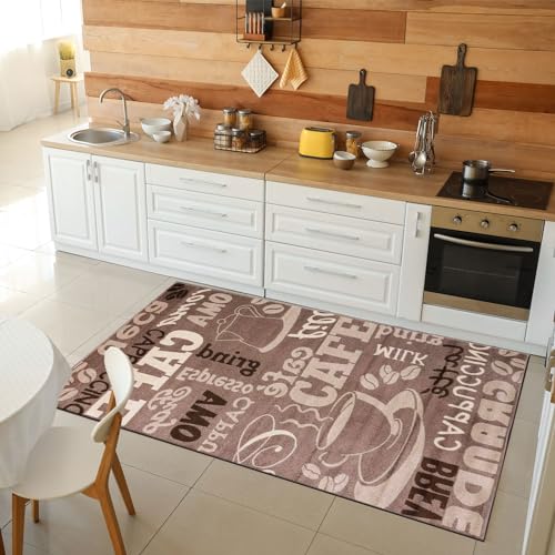VIMODA Coffee Design Teppich, Kaffee Muster in Beige ideal für die Cafe Lounge oder Küche, spiegelverkehrt - ÖKO TEX Zertifiziert, Maße:120x170 cm
