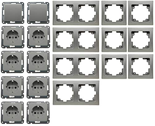 Delphi Steckdose mit Schalter Grau Silber Komplettset 20 Teile I Unterputz Steckdosen Schalter mit Abdeckung I Wand Einbau