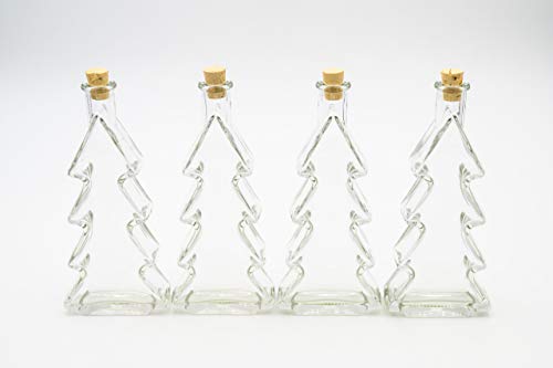 Flaschenbauer - 4 x Leere Glasflaschen 200ml Tannenbaum: Mini Glasflaschen Korken verwendbar als kleine Flaschen zum Befüllen, Leere Schnapsflaschen klein, Weihnachtsgeschirr, Deko Flaschen
