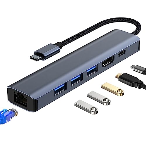 H32CS USB C Hub 6 in 1 Docking Station USB C Adapter mit 4K-HDMI USB 3.0 Port, Ethernet RJ45 Port, Type C PD, Kompatibel für MacBook Pro/Air, mehre Type C Geräte