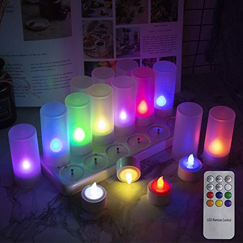 EuroFone LED Tea Light Candles Rechargeable Electric Tealights Flickering With Remote Control (7colors, 12pcs, No Batteries Necessary)