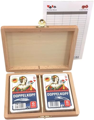 Ludomax Doppelkopf Box Leinen Qualität, Holz Kassette mit Zwei Kartenspielen