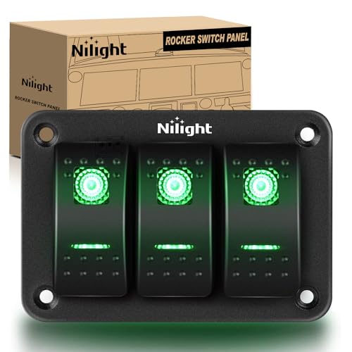 Nilight 3-Gang-Kippschalter, Aluminium, 5-polig, An-/Aus-Schalter, vorverdrahtet, grüner Schalter mit Hintergrundbeleuchtung für Autos, Boote, Wohnmobile, grün (90127C)