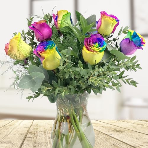 Bunter Blumenstrauß mit 10 Regenbogenrosen - Echte bunte Rosen