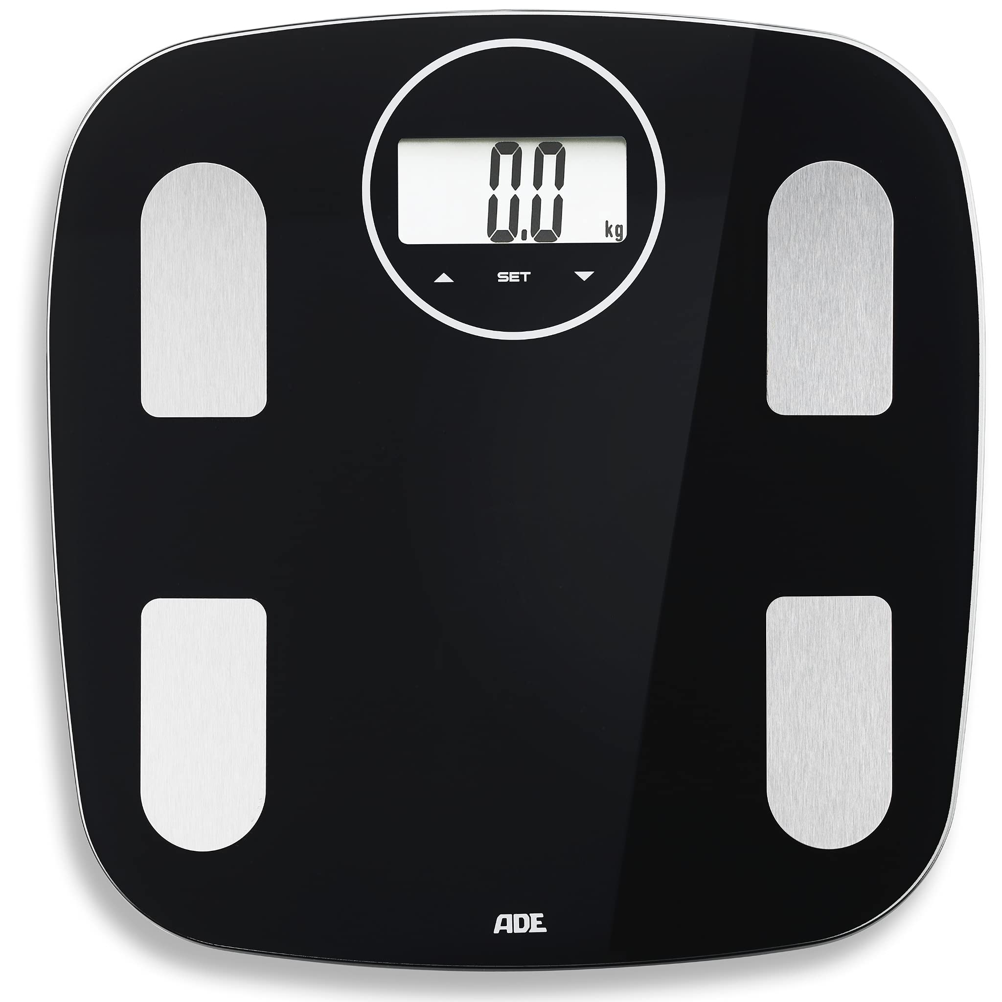 ADE Digitale Körperfettwaage mit Körperfett und Muskelmasse | Körperwasser und Knochenmasse | leicht ablesbare große Ziffern | bis 180 kg | schwarz