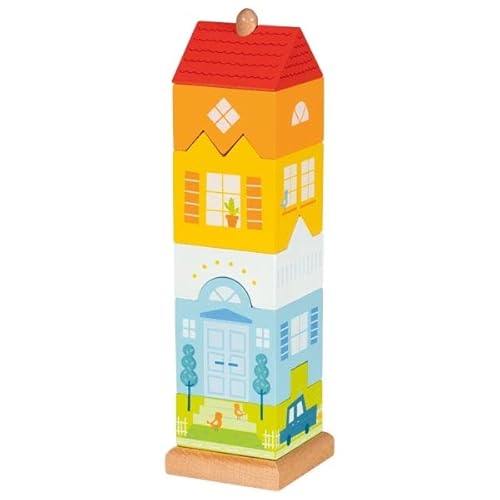 goki 58358 - Stapelturm Stadtvilla - 7 teilig aus robustem Holz - erste Puzzleversuche - buntes fröhliches Design