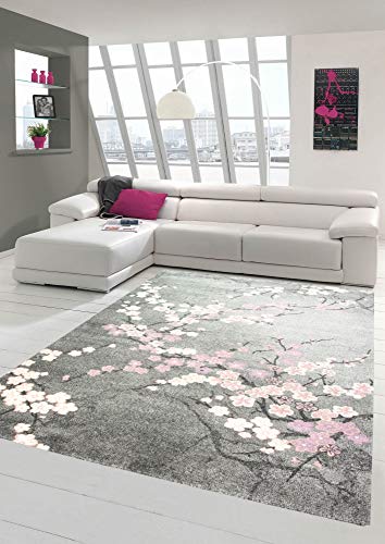 Merinos Teppich modern Wohnzimmer Teppich mit Blumenmotiv Pink Grau Größe 200 x 290 cm