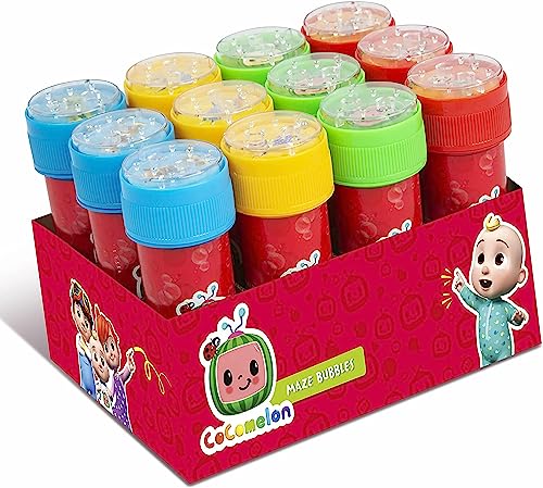 CoComelon Blasen für Kinder mit Labyrinth-Deckel - Das Multipack enthält 12 Flaschen Blasenlösung und Blasenstäbe - Blasen für Partytüten, Gartenspiele und Innenspiele