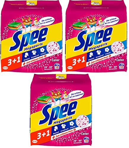 Spee, Megaperls Color 3+1, Colorwaschmittel, 54 (3 x 18) Waschladungen, Reinheit, Strahlkraft und Frische für deine Buntwäsche - zum schlauen Preis