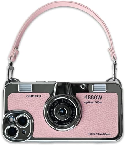 Mscomft Klassische Emily in Paris Handyhülle, 2023 neues Vintage-Kamera-Design, das aussieht wie eine Kamera, für iPhone 14 Kamera, Handy, Lederarmband, Schlinghülle (Pink, für iPhone 15 Pro)