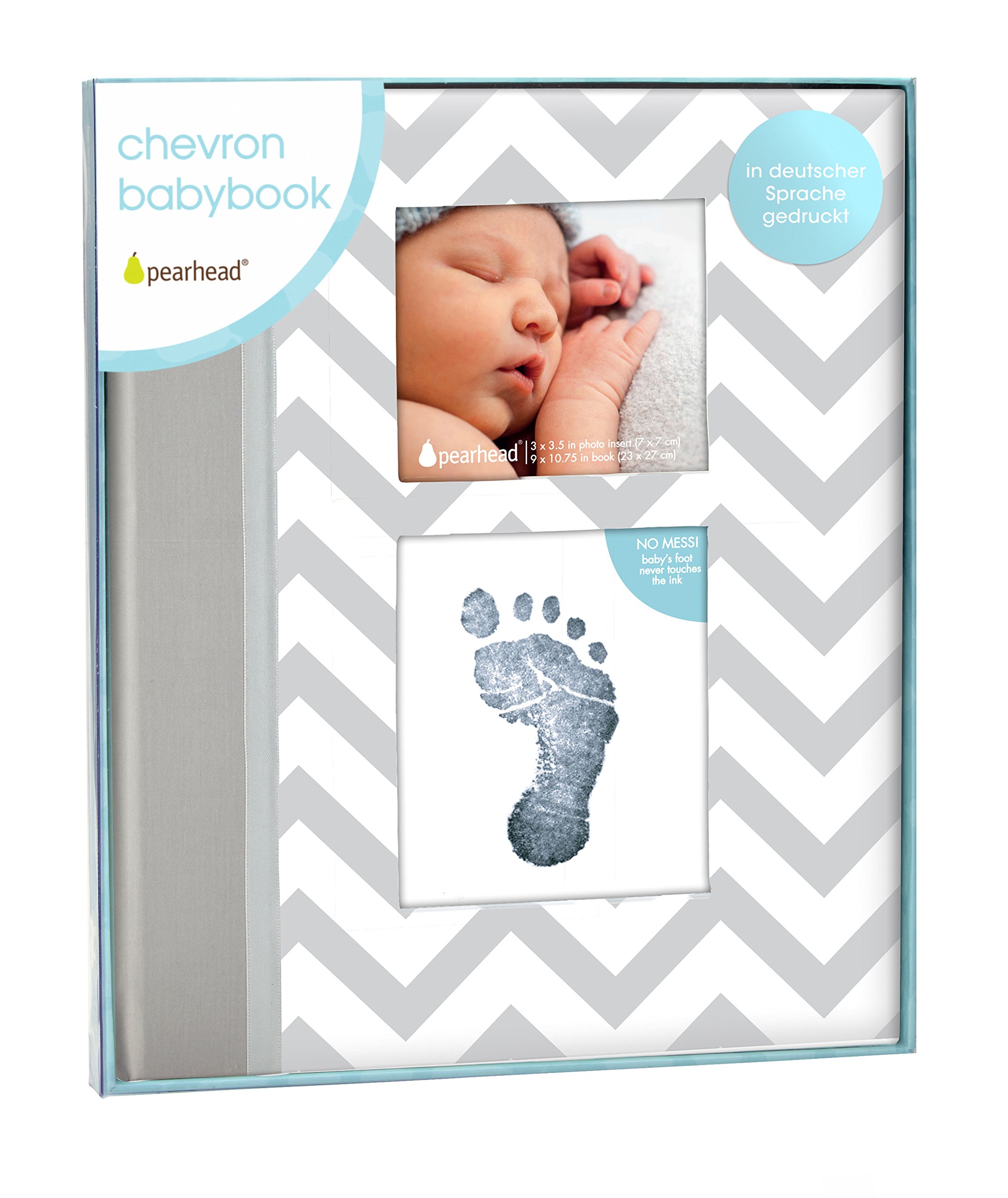 Pearhead P62203 Zickzack Baby-Erinnerungs-Buch mit Sauberen Aufdruck Tinten-Auflage, um Hand oder Fussabdruck des Kindes zu erhalten, grau