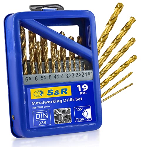 S&R Metallbohrer Set 19 Stk : 1,0-10 mm, 135°, DIN 338, geschliffen, HSS TITANIUM, Nitrit-Titan-Beschichtung, Metallbox. Profi-Qualität