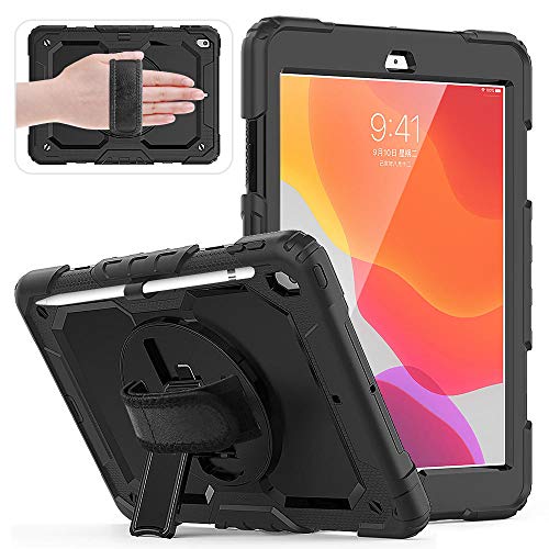 QINYUP 2020 Neue Tablet-Hülle für iPad 9.7 Hülle mit 360-Grad-Handschlaufe Kindersichere Silikonhülle für iPad Pro 9.7 Cover-Schwarz