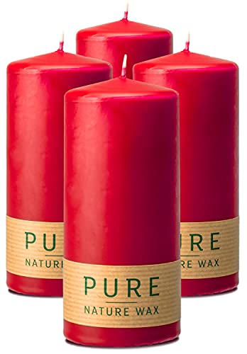 Hyoola Pure Natürliche Stumpenkerzen - Stumpen Kerzen aus 100% Natürlichem Wachs - Paraffinfrei - Ø 6 x 13 cm - Rote Kerzen Lange Brenndauer - 4er Pack