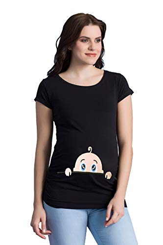Neugieriges Baby - Lustige witzige süße Umstandsmode Umstandsshirt mit Motiv für die Schwangerschaft Schwangerschaftsshirt, Kurzarm (Schwarz, Medium)