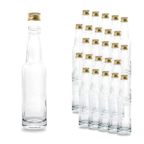 Kleine Glasflaschen 100ml mit PP22 Schraubverschluss Gold – Leere, kleine Flaschen zum Befüllen, z.B. kleine Weinflaschen, kleine Schnapsflaschen 100ml, Likörflaschen 100ml (25 Stück)