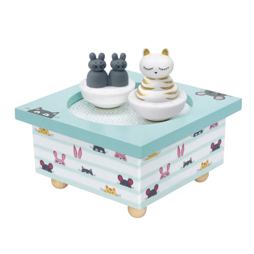 Trousselier - Katze & Maus - Tanzende Musikbox - Spieluhr -Ideales Geburtsgeschenk - 2 abnehmbare Figuren - Einfache Bedienung - Musik Love Story - Farbe blau