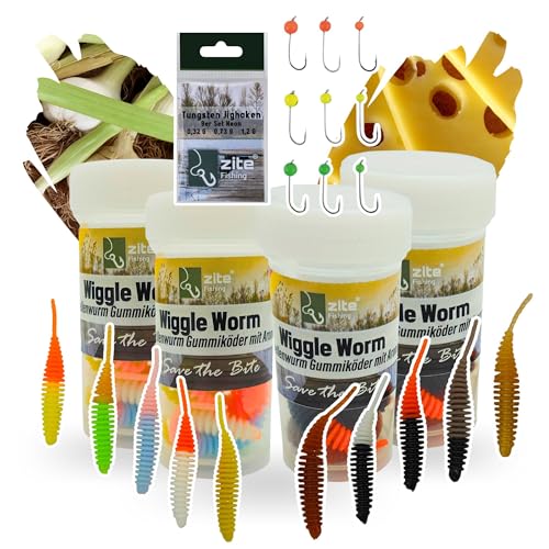 Zite Fishing Wiggle Worm Set - 5,5 cm Forellenköder in Natur & Neon - 40 Feinripp-Gummiköder + 9 Tungsten Jighaken - 100% phthalatfreie Gummiwürmer - Knoblauch- & Käsearoma