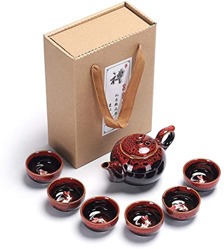Chinesisches Kung Fu Teeservice Handbemaltes Porzellan (6 Tassen mit Teekanne), Fisch Keramik Teeservice Porzellan Handgefertigte Gravur Seladon Keramik Chinesische - Koi Fisch Design (Red)