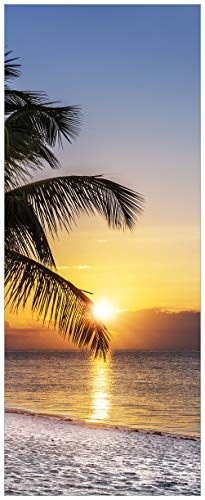 Wallario Glasbild Palme am Strand - Sonnenuntergang über dem Meer - 32 x 80 cm Wandbilder Glas in Premium-Qualität: Brillante Farben, freischwebende Optik