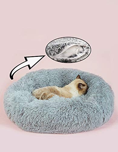 Snuggly Calming Katzenbett Donut Kätzchen Höhle Flauschiges Kunstfell Haustier Kissen mit äußerem waschbarem Bezug, rutschfest, warm, im Winterschlafkorb