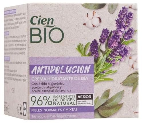 Cien Bio Feuchtigkeitsspendende Tagescreme, 50 ml, Anti-Staub-Gesichtsbehandlung mit Baumwollöl, ätherischem Lavendelöl und Hyaluronsäure, für normale und Mischhaut.