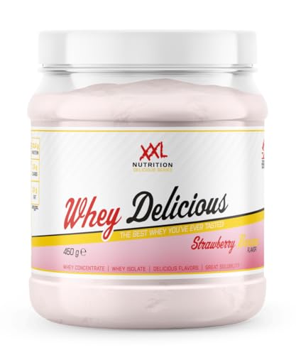 XXL Nutrition - Whey Delicious Protein Pulver - Leckerste Shake - Eiweiss Pulver, Whey Protein Isolat & Konzentrat - Hohe Qualität - 78,5% Proteingehalt - Erdbeere Banane - 450 Gramm