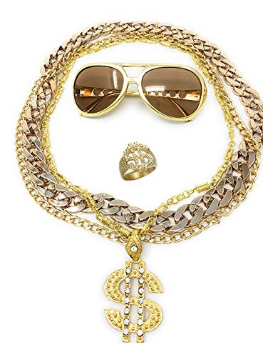 BABO Lude Macho Prolethen Hiphop Rapper Sets 4 bis 5 teilig Ketten Brille Ring (Rockstarbrille-Dollarkette)