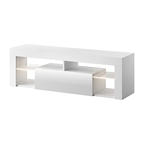 Selsey Hestia - TV Lowboard / TV Schrank, Weiß Matt / Weiß Hochglanz, mit LED-Beleuchtung, 140 x 35 x 50,5 cm