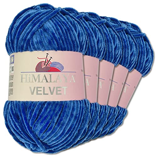 Wohnkult Himalaya 5 x 100 g Velvet Dolphin Wolle 40 Farben zur Auswahl Chenille Strickgarn Glanz Flauschgarn Accessoire Kleidung (90029 | Blau)