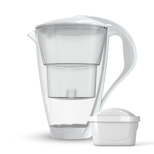 Dafi Crystal Wasserfilterkanne aus Glas 2L, Wasser Filtersystem zur Reduzierung von Kalk, Chlor, BPA-frei, LED- Sensor | Wasserfilterkanne + Wasserfilter UNIMAX – Weiß