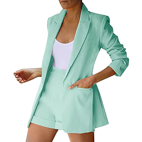 Yokbeer Damen Eleganter 2-Teiler Anzug Einfarbig Hosenanzug Revers Knopf Anzug Jacke Shorts Set Slim Fit Business Blazer Anzug Outfits für Damen (Color : B, Size : S)