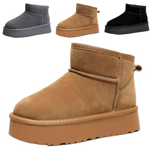 Platform Mini Boots for Women,Classic Ultra Mini Platform Fashion Boot,Fur Fleece Lined Snow Boots,Fluffy Soft Warm Fuzzy Slippers Winter,Anti-Slip Winter Snow Boots for Outdoor Women's (Brown, 38)