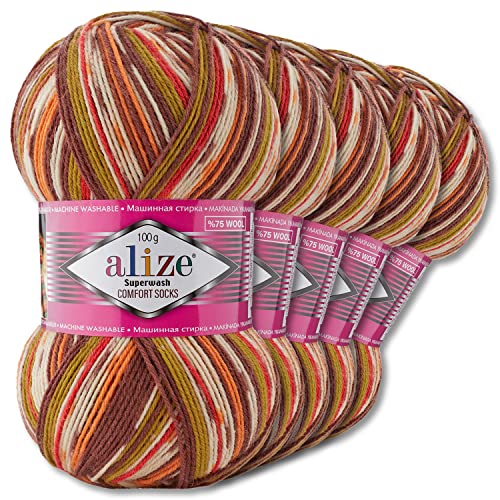 Wohnkult Alize 5x100g Superwash Comfort Sockenwolle 33 Farben zur Auswahl EIN-/Mehrfarbig (7709)