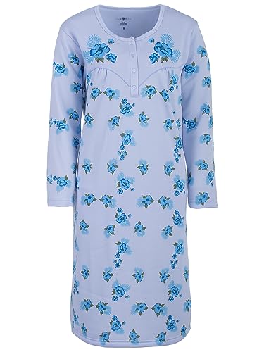 LUCKY Nachthemd Damen Thermo Langarm Blumen Winter Knöpfe Größe M L XL XXL, Größe:XL, Farbe:Hellblau