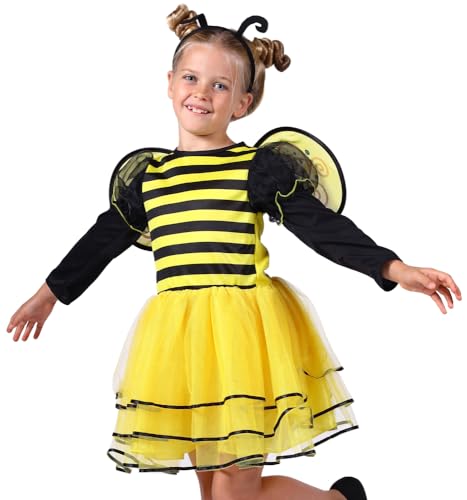 Bienen Kostüm "Bee" für Mädchen | Kinderkostüm Kleid Haarreif Flügel (140/152)