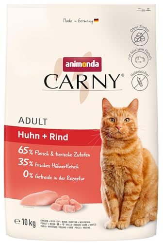 animonda Carny Katzenfutter Adult – Trockenfutter Katze zuckerfrei und ohne Getreide – mit Huhn + Rind, 1 x 10 kg