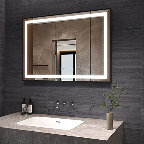 AQUABATOS Badspiegel mit Beleuchtung 100x70 cm schwarz Rahmen LED Badezimmerspiegel beleuchtet Warmweiß 6400K und Kaltweiß 3000K dimmbar Touch Schalter Beschlagfrei