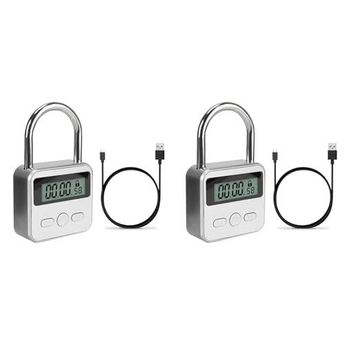 rieder 2X Smart Time Lock, LCD-Display, Elektronischer Timer-Schalter, Wiederaufladbarer USB-Timer, Vorhängeschloss, Elektronischer Reisetimer, Silber