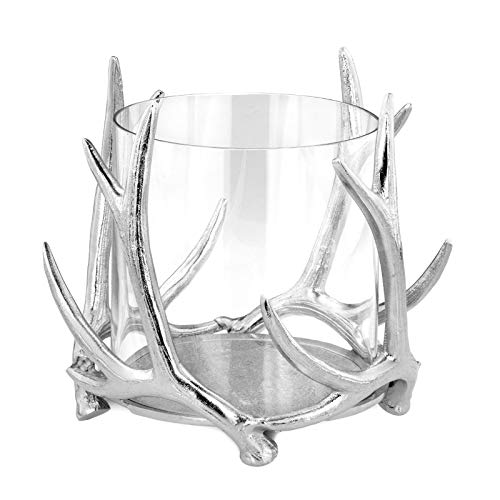 H.Bauer jun. Glas Windlicht Ø 23 cm Aluminium poliert in Hirschgeweih Form - Kerzenhalter mit offenem Glaszylinder