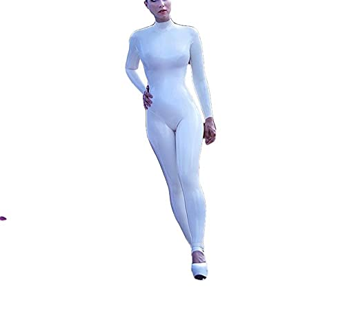 Frauen-Fetisch-Katsuit-Langarm-weißer engen Bodysuit mit hinterem Reißverschluss zur Taille-Weiß_Xl.