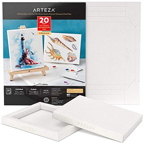 ARTEZA Aquarell-Kunstpapier, faltbarer Leinwandblock, 17,8 x 21,6 cm, 20 Blatt, DIY-Rahmen, säurefreies, schweres Papierblock, 63,5 kg/300 g/m², Kunstzubehör für Malen und gemischte Medien